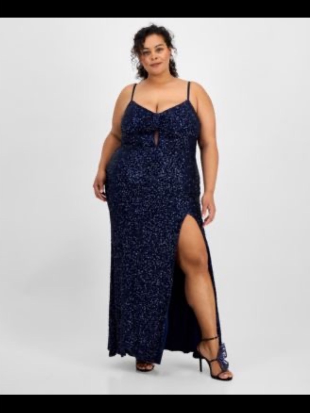 B Darlin Navy Sparkle Plus Size Evening Gown with Thigh Slit